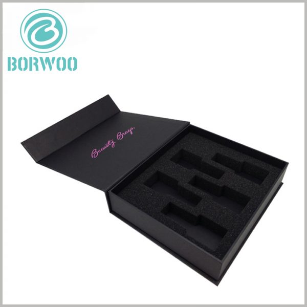 Black cardboard nail polish packaging for 5 bottles. Cardboard cosmetic packaging can be customized, and the packaging accessories and printed content are customized according to the product.