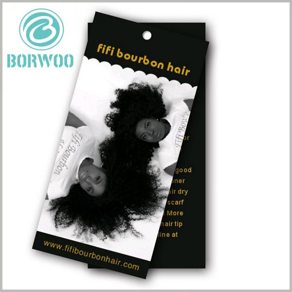 Custom Hair extension hang tags wholesale.The style of printing the wig on the front of the hair extension tag is the most common form, and the publicity effect is very good