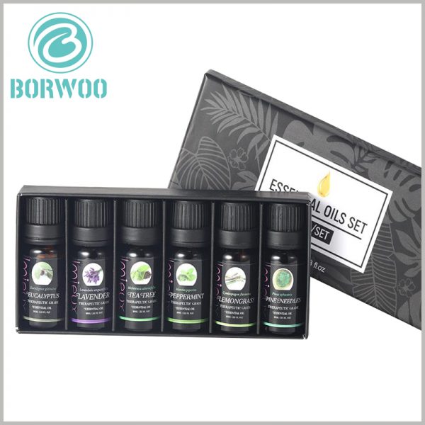 Essential oil packaging for lot of 6 bottles. The wholesale of essential oil boxes with custom printed content plays an active role in product promotion and brand building.
