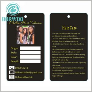 Hair extension hang tags custom.The customized black tag has a unique design and plays a unique role in brand building.