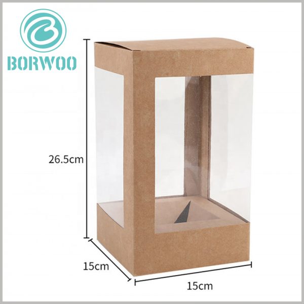 Kraft paper boxes with window wholesale. The reference size of kraft paper packaging is 15cm×15cm×26.5cm, but this is not the only one, but can be customized.