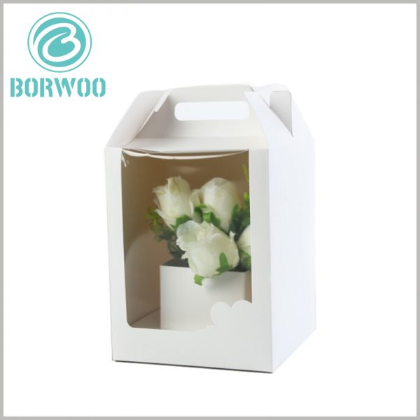 Paper Gable boxes with windows for flower packaging. The white packaging boxes are simple in design, but have a very good effect on the display of flowers.