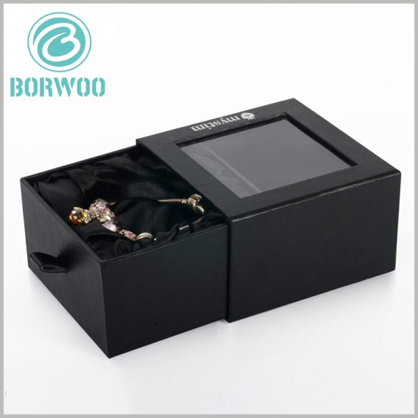 black bracelets gift boxes with windows. Square cardboard drawer boxes, one side of the drawer boxes is sealed, and the other side is opened by pulling the inner box.