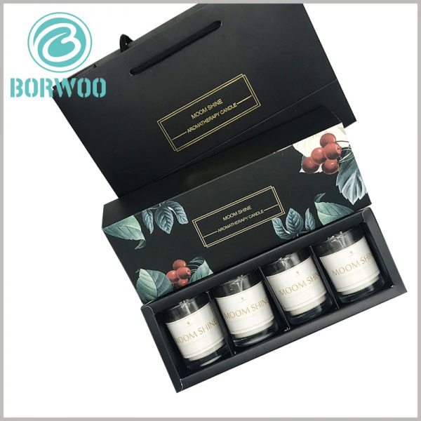 black candle boxes packaging for 4 jars.Inexpensive candle packaging boxes print specific content, and can provide matching gift tote bags custom.