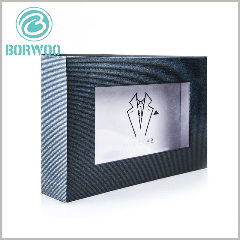 black dress shirt packing boxes with windows.The laminated paper of the black packing box is corrugated paper with fine stripes, which gives customers a visual streak.