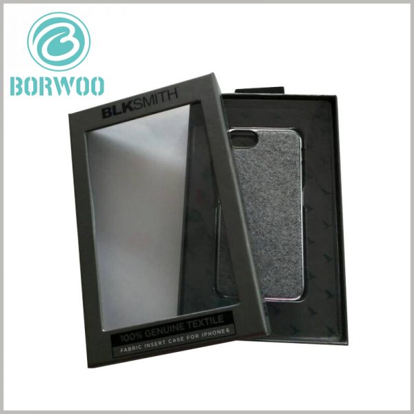 black mobile phone case packaging with window. Black cardboard boxes packaging, packaging design with a sense of black technology, adding more mystery to the packaging.