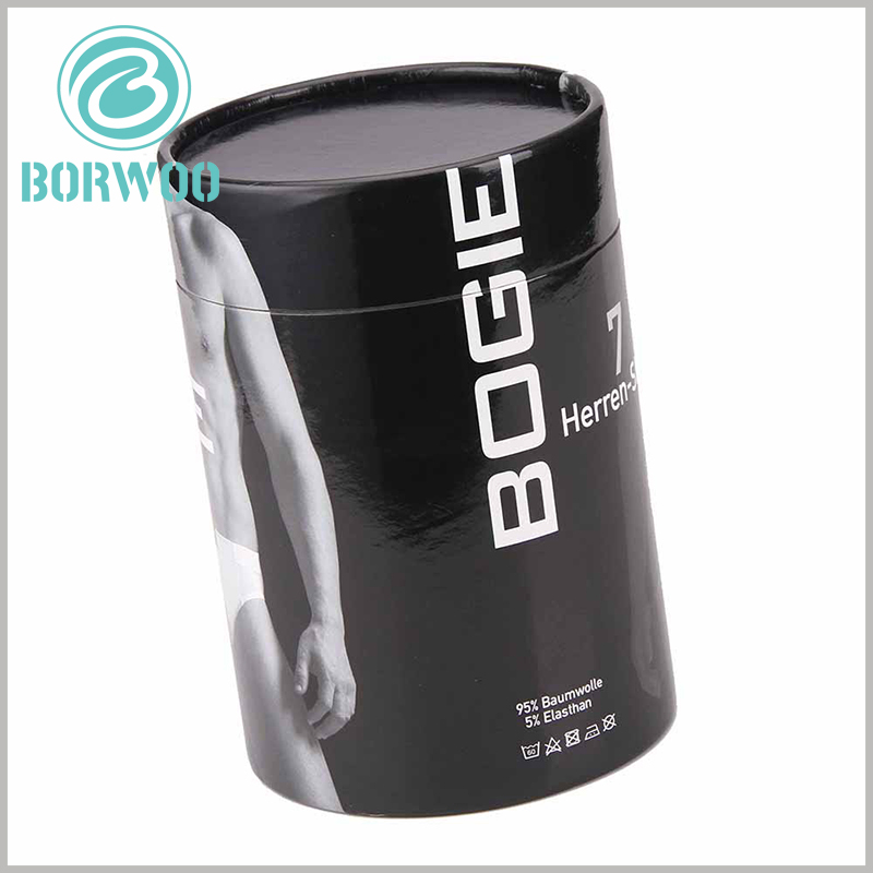 black paper tube packaging for underwear. The underwear packaging adopts light glue processing technology to enhance the brightness of the packaging surface, and the packaging has a better visual sense.