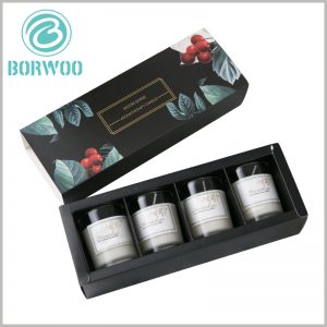 custom black drawer candle boxes packaging for 4 jars. Inside the drawer boxes, there is an insert plate (gasket) formed by black cardboard, which is used to avoid direct collision of the candle and protect the product.