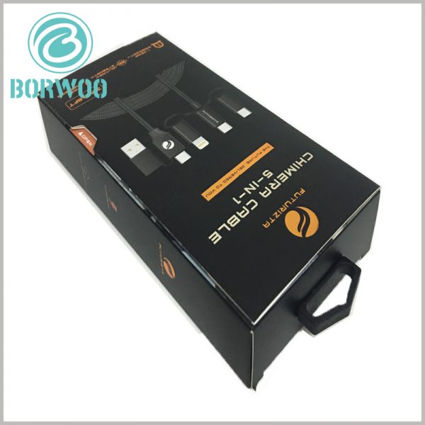 custom black packaging for 5 in 1 cable. Customized packaging uses 350gsm cardboard as the raw material to make the packaging foldable and reduce packaging manufacturing costs.