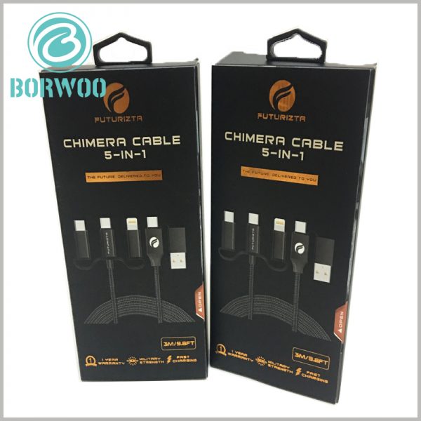 custom black packaging for 5 in 1 chimera cable. There is a black plastic hook (optional style) on the top of the electronic product package, which is convenient for the product to hang on the shelf for display.