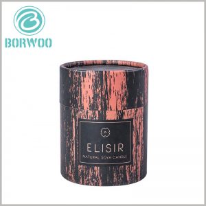 custom creative tube packaging boxes for candles. The paper tube cylinder packaging has a unique wood-like packaging with unique lines and patterns, which are realized by CMYK printing and creative design.