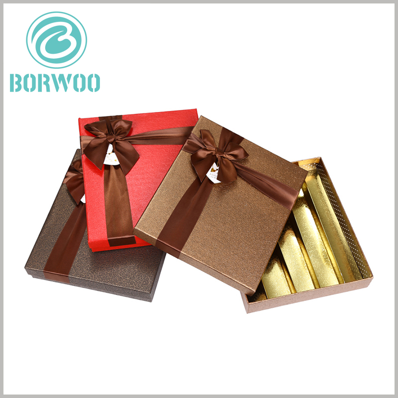 custom large gift boxes packaging for 30 chocolates. The wide brown silk serves as gift bows and plays an overall decorative role for chocolate packaging