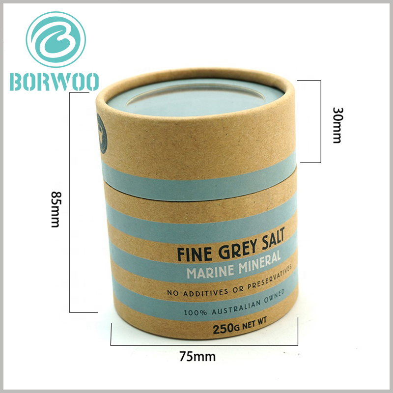 custom paper tube packaging for 250g salt with windows. Fashionable color schemes and printed text messages enhance the attractiveness of the packaging and make it easier for customers to understand the product