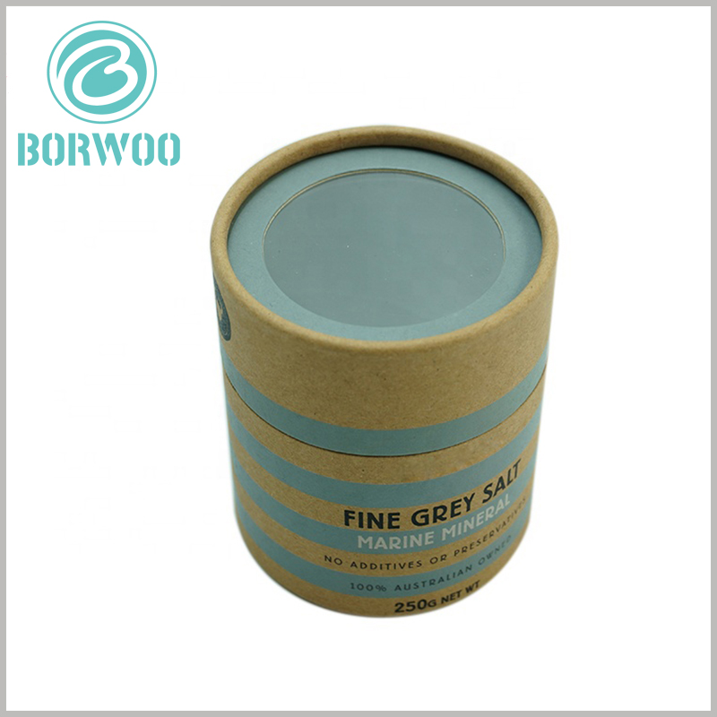 custom paper tube packaging for 250g sea salt with windows. The diameter of the food paper tube packaging is 75mm, the height is 85mm, and the lid height is 30mm.