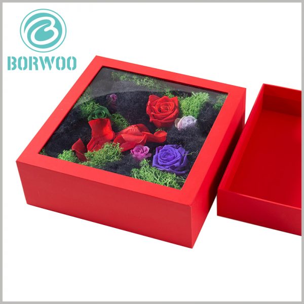 flower packaging boxes with windows. Transparent PVC is used as the window of the package, which can satisfy the customers' desire to peep into the flowers and increase the value of the product