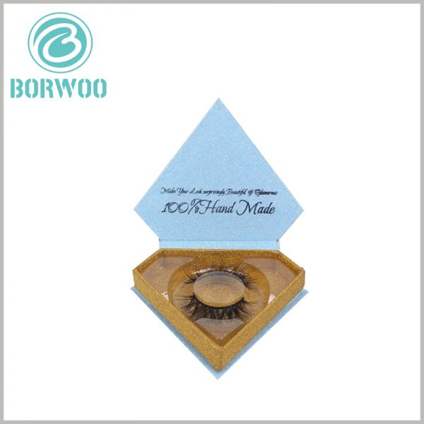 glitter diamond shape eyelash packaging boxes. The inside of the lid of the blue false eyelash boxes is printed with the brand name and promotional slogan, which repetitively deepens the customer's impression of the product