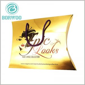 golden pillow packaging boxes for hair extensions. Gold cardboard is used as the packaging material for wig boxes, and the visual appearance of the packaging is luxurious gold, which can better reflect the value of the product.