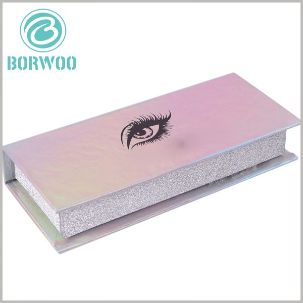 luxury silver glitter eyelash box packaging custom. The surface of the white cardboard boxes uses laser paper, and the packaging will have different colors when viewed from different angles.