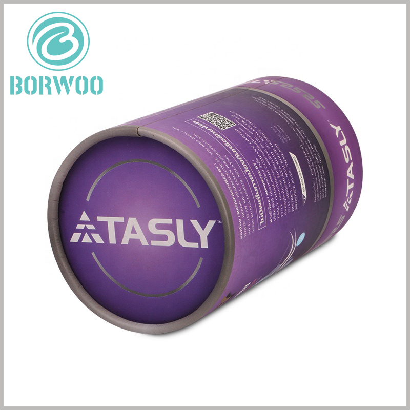 purple cardboard tube packaging boxes. The artistic brand name is printed on the bottom of the customized tube packaging, which can promote the brand of the product from multiple angles.