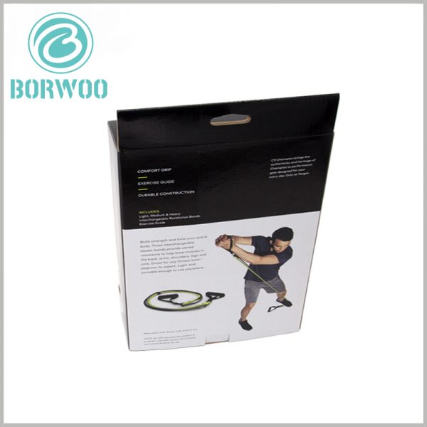 sports resistance band packaging custom. The use scenes and product text descriptions of the products are printed on the back of the customized packaging, so that customers can quickly understand the characteristics of the products.
