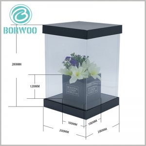square dispaly boxes for flower packaging. The reference size of the outer box of this flower packaging box is 200mm×200mm×280mm. The size of the inner box of flowers is 100mm×100mm×120mm.