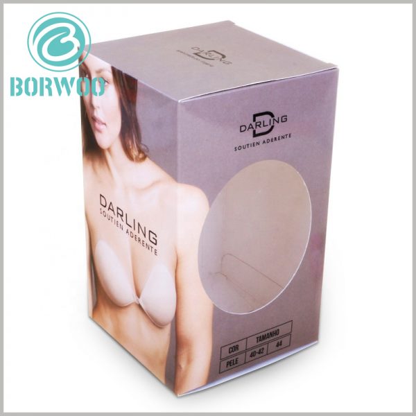 strapless bra packaging box with windows wholesale. There is an oval transparent window on the side of the underwear package, and customers can see the part of the product when the package is sealed.