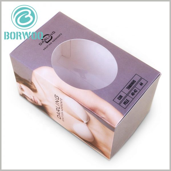 strapless bra packaging box with windows. The size of underwear packaging boxes can be fully customized, and the size of the packaging is determined according to the size and placement of the product.