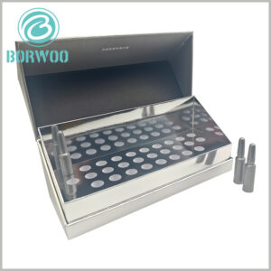 28-bottle skin care product packaging boxes set, silver card paper covers the surface of EVA insert, making the interior of the packaging look more high-end