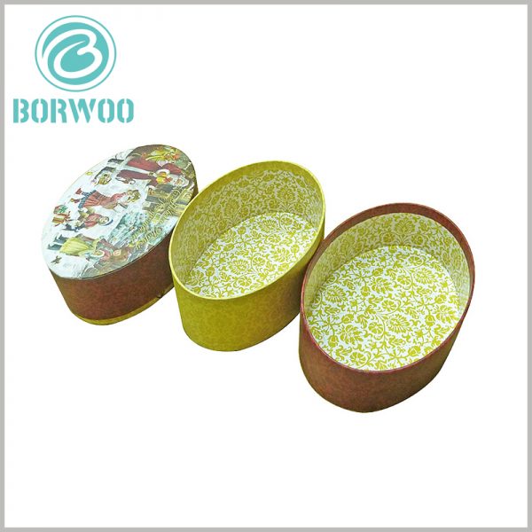 Biodegradable oval packaging boxes. The packaging is used for Christmas gift boxes. Small ornaments, snacks and other gifts can be placed inside the packaging.