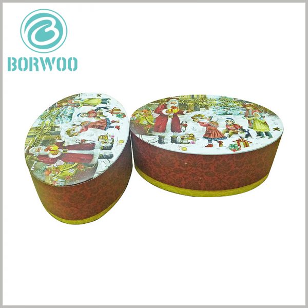 Biodegradable oval packaging for christmas gift boxes. The patterns and text messages of the customized gift boxes are all printed in the form of bronzing