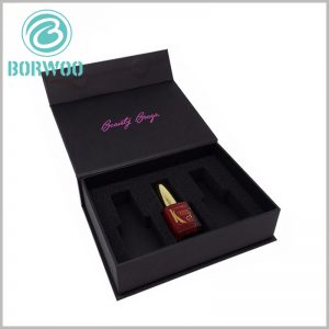 Black cardboard cosmetic packaging of nail polish. The black EVA insert inside the package allows 2 bottles of nail polish to be neatly placed inside the product package.
