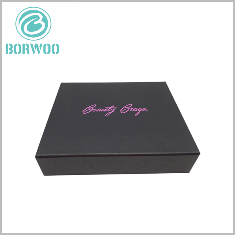 Black cardboard cosmetic packaging with logo. Brand logo or name is one of the most important assets of a product, and customized packaging can increase the selling price and potential value of the product.