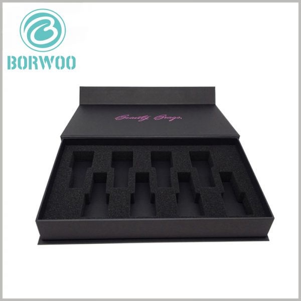 Black cardboard nail polish packaging for 7 bottles. The nail polish packaging can be customized in size and EVA style, which will allow the sale of different quantities of nail polish, such as 3 bottles of nail polish set, 5 bottles of nail polish set, or more.