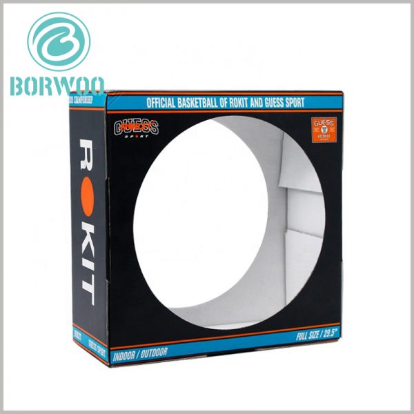 Cheap corrugated packaging with window. The sports packaging has circular (customizable diameter) hollows on both sides, which is one of the best ways to display basketball products.