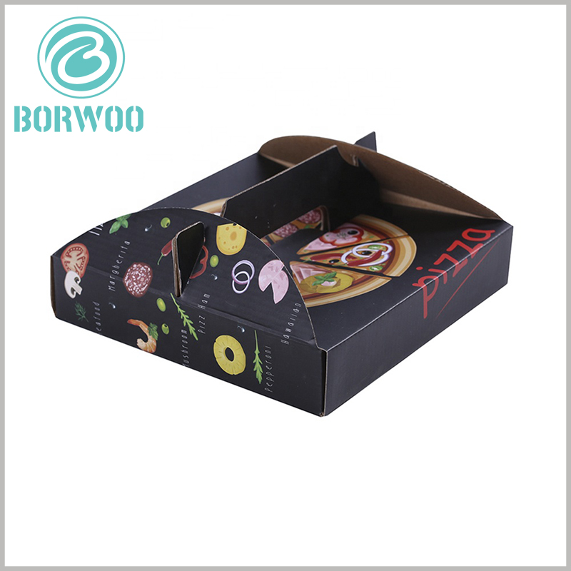 Corrugated pizza box with handle. The handle part and the corrugated paper packaging are connected as a whole, the packaging is strong and durable, and there is no need to worry about the packaging being damaged when the product is carried.