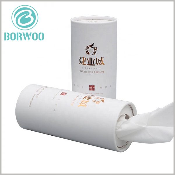 Creative whaite cardboard tube for Paper towel packaging.The paper towel is taken out from the top of the paper tube cover and used, which is very convenient for using the product.