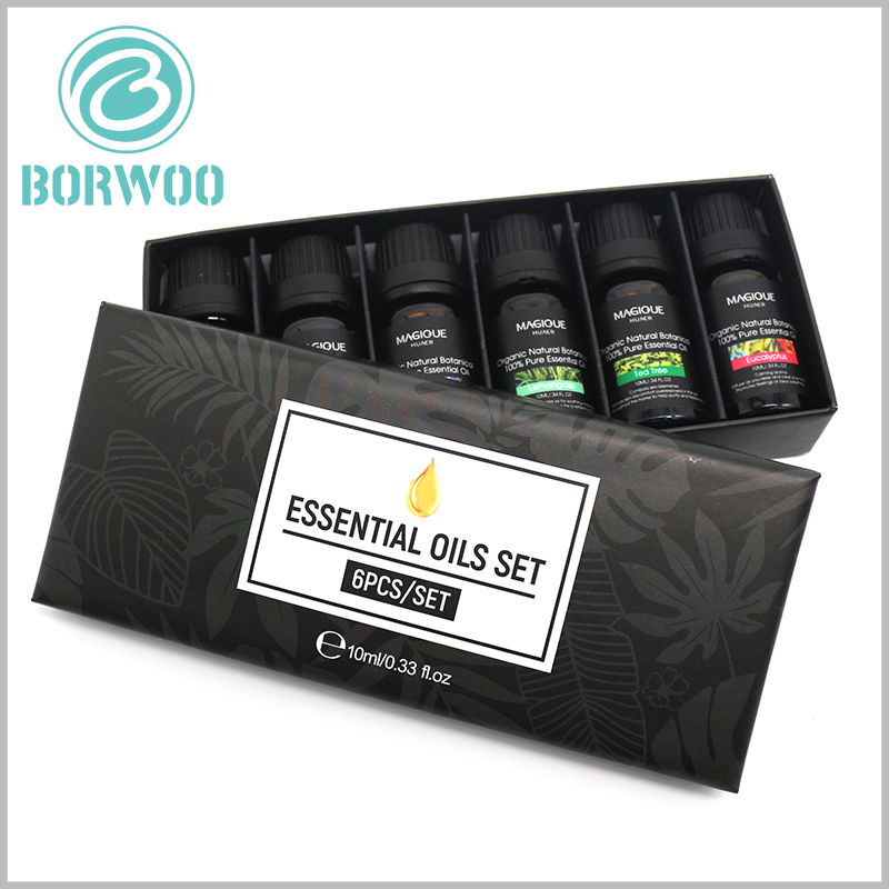 Custom Essential oil packaging for lot of 6 bottles of 10 ml. Artistic design makes packaging and products attractive, and allows customers to understand the quantity and capacity of essential oils the fastest.