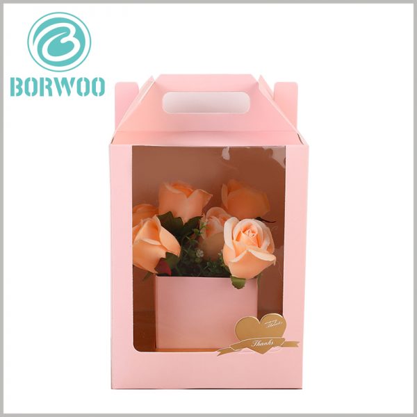 Custom Gable box with windows for flower packaging. The flower packaging box is printed by CMYK, which can have different packaging backgrounds and patterns, and can be distinguished from other products.