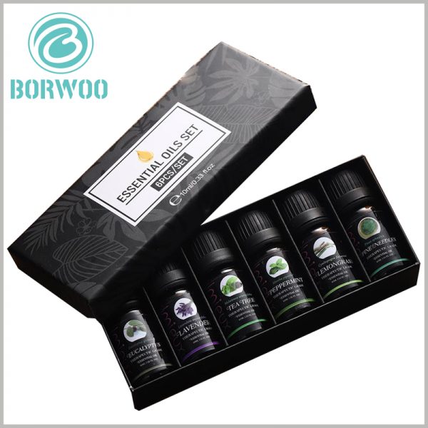 Essential oil boxes packaging for lot of 6 bottles. 350gsm cardboard is used as a raw material for essential oil packaging, which reduces the manufacturing cost and procurement cost of essential oil packaging.