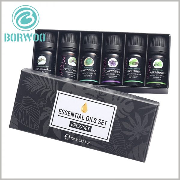 Essential oil packaging for lot of 6 bottles of 10 ml. The important information of essential oil products is printed in the middle of the top cover of the package, so that customers can quickly learn what they care about most.