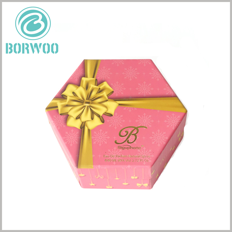 Hexagonal packaging for perfume spray bottle. The most important printed content of customized perfume boxes packaging is brand information, which will increase customer trust and product value