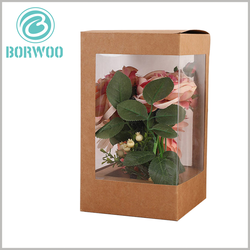 Kraft paper boxes with window for flower packaging. The custom packaging has PVC windows on all four sides, so the beautiful flowers can be shown to customers in all directions.