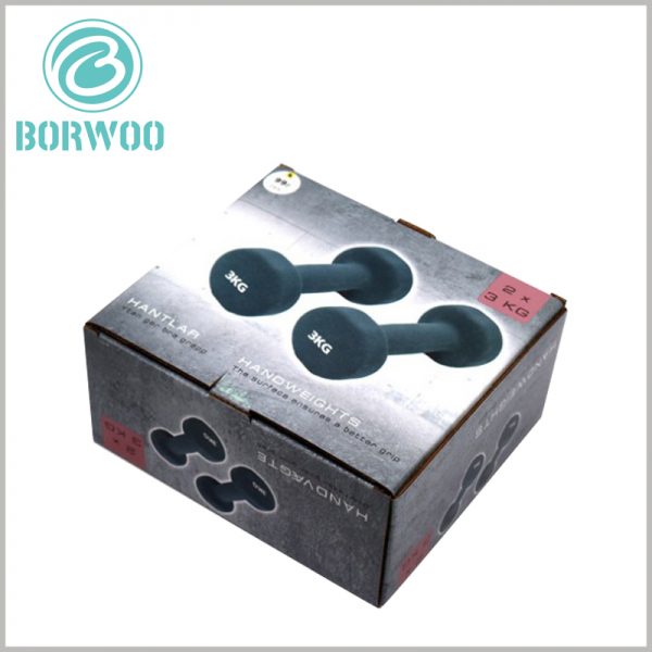 Printed corrugated packaging for dumbbells. Sports product packaging uses printed corrugated packaging, which is very common, and the cost of packaging is low.