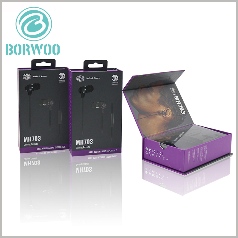 Printed headphone packaging boxes. In order to increase the convenience that earplugs can be hung on the shelf, plastic hooks can be designed on the top of the cardboard boxes.