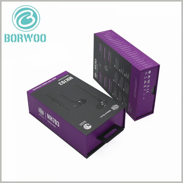 Printed flip boxes for headphone packaging. Customizing the printed content on the front of the boxes is very important for packaging design. It is recommended to use product patterns as the main packaging design.