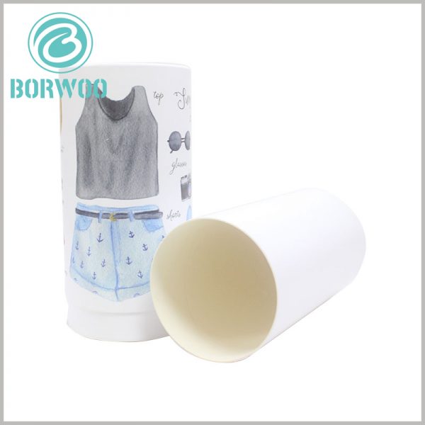 Printed paper tube for women's clothing packaging. White cardboard is the main raw material for packaging, and the edge cut of the paper tube is also pure white, and the packaging quality is high.