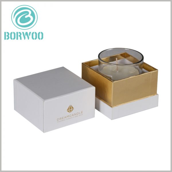 White square cardboard boxes for candles. The compact packaging structure design allows the customized packaging to only accommodate one candle glass container, and there is no more free space.