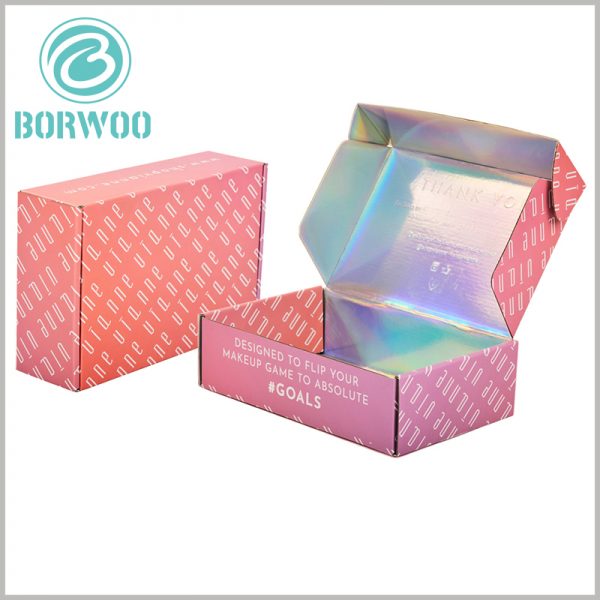 beauty corrugated packaging for makeup boxes.The inner side of the corrugated paper boxes package is entirely made of laser paper as laminated paper, so that there are various colors of reflection inside the package.