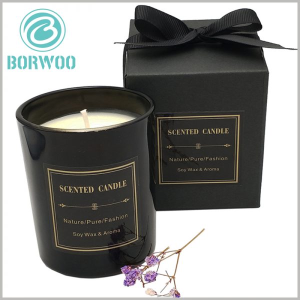 black cardboard candle gift boxes with bow. The square cardboard candle packaging has high hardness and can protect the candle products inside the packaging.