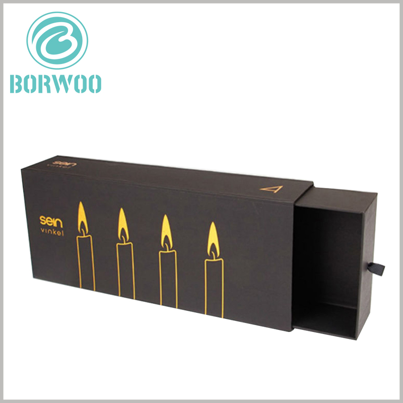 black cardboard drawer boxes for candles packaging. There is a silk pull ring on the side of the inner box of the paper jam drawer, which can easily pull the inner box to open the package.